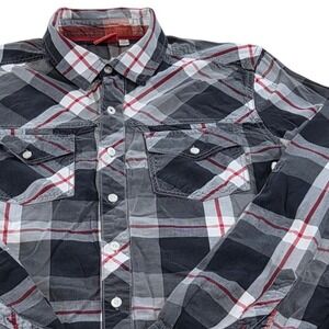 Puma Lifestyle Plaid‎ Button Up Shirt Long Sleeve Black Gray Red Mens L
